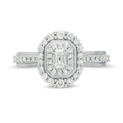 0.63 CT. TW Emerald-Cut Diamond Double Octagonal Frame Vintage-Style Engagement Ring in 10K White Gold