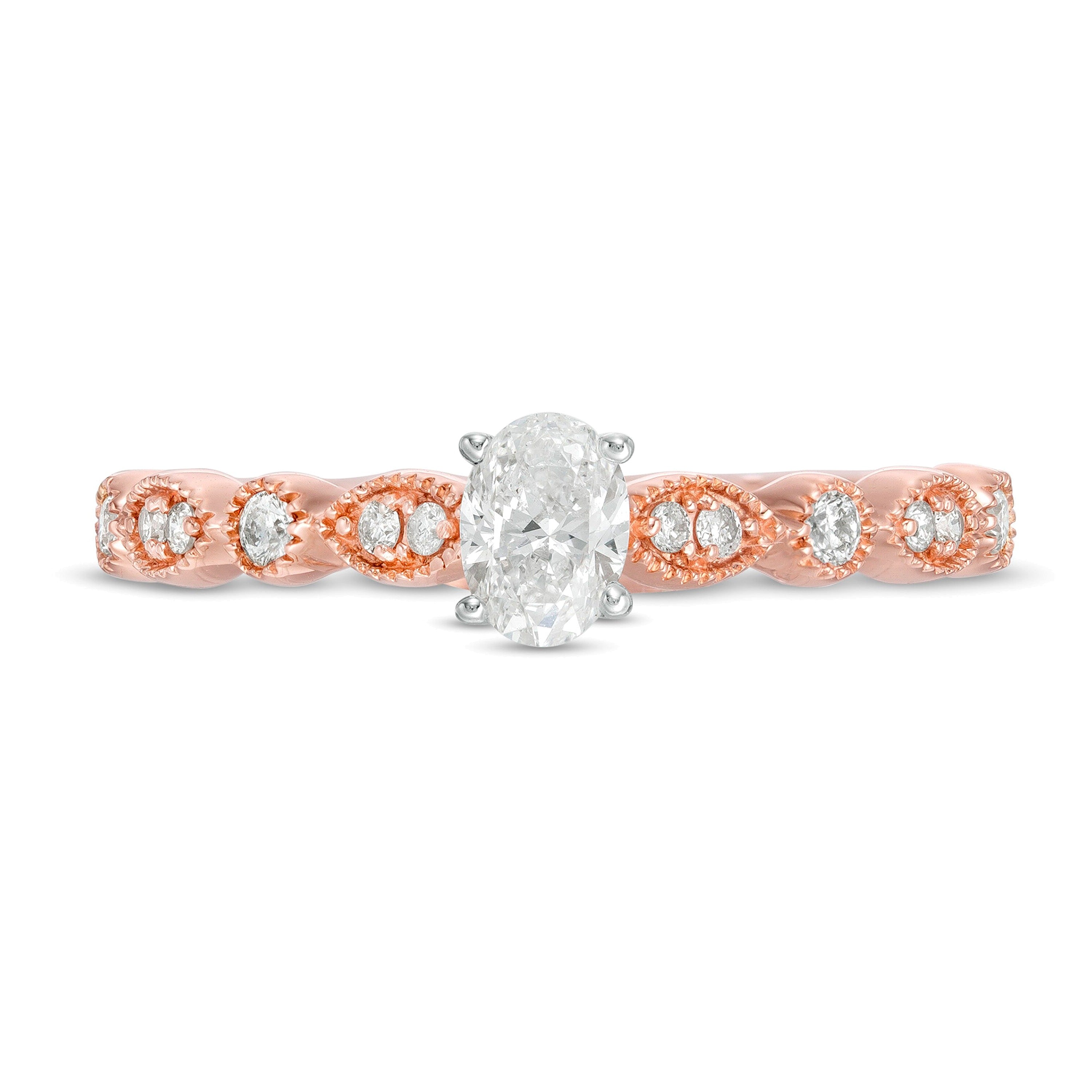 0.5 CT. TW Oval Diamond with Marquise Shapes Vintage-Style Engagement Ring in 10K Rose Gold