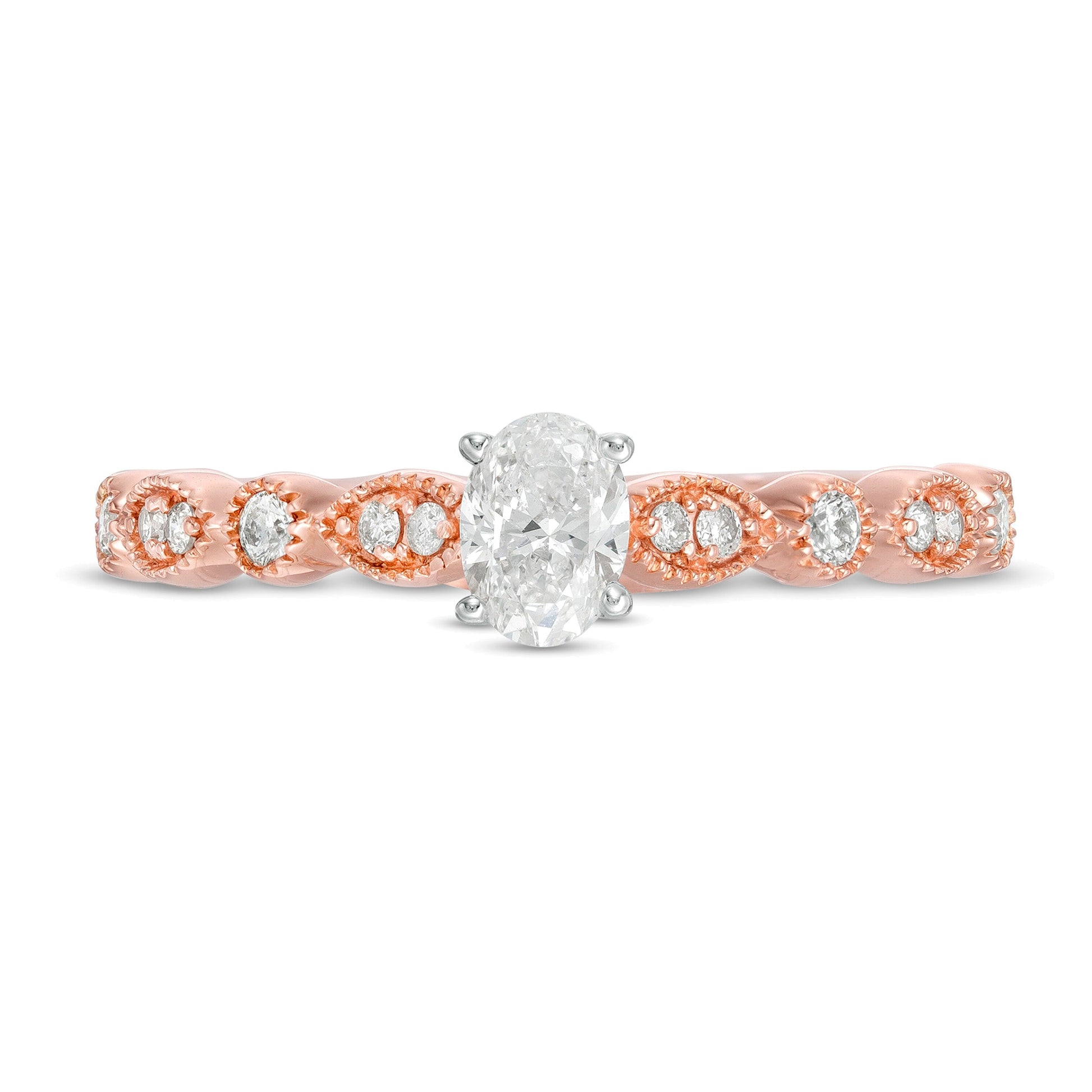 0.5 CT. TW Oval Diamond with Marquise Shapes Vintage-Style Engagement Ring in 10K Rose Gold