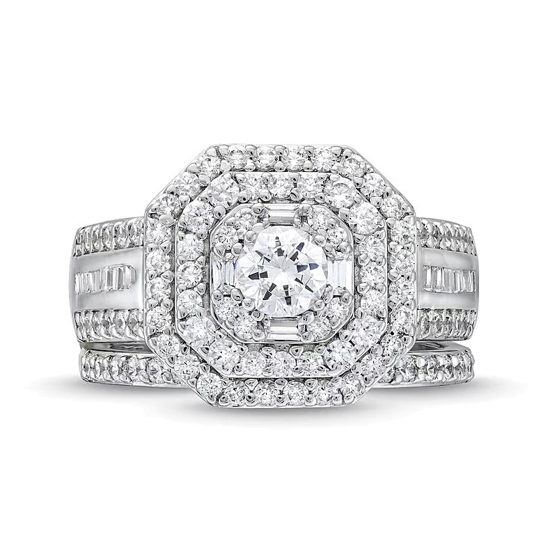 1.5 CT. TW Diamond Cushion Triple Row Octagon Frame Bridal Set in 10K White Gold
