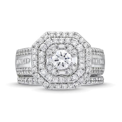 1.5 CT. TW Diamond Cushion Triple Row Octagon Frame Bridal Set in 10K White Gold