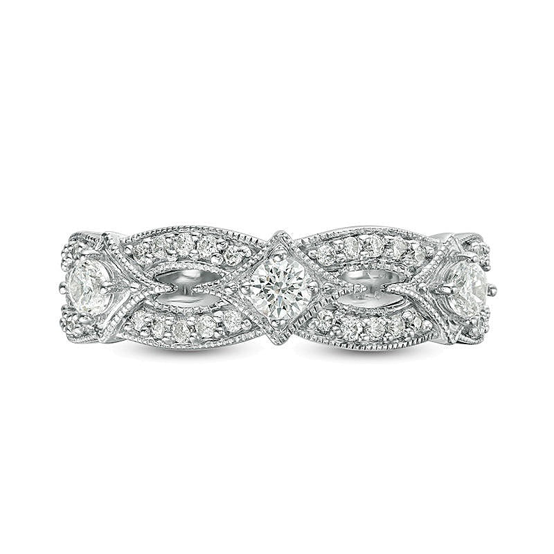 0.5 CT. TW Diamond Three Stone Contour Vintage-Style Anniversary Band in 14K White Gold