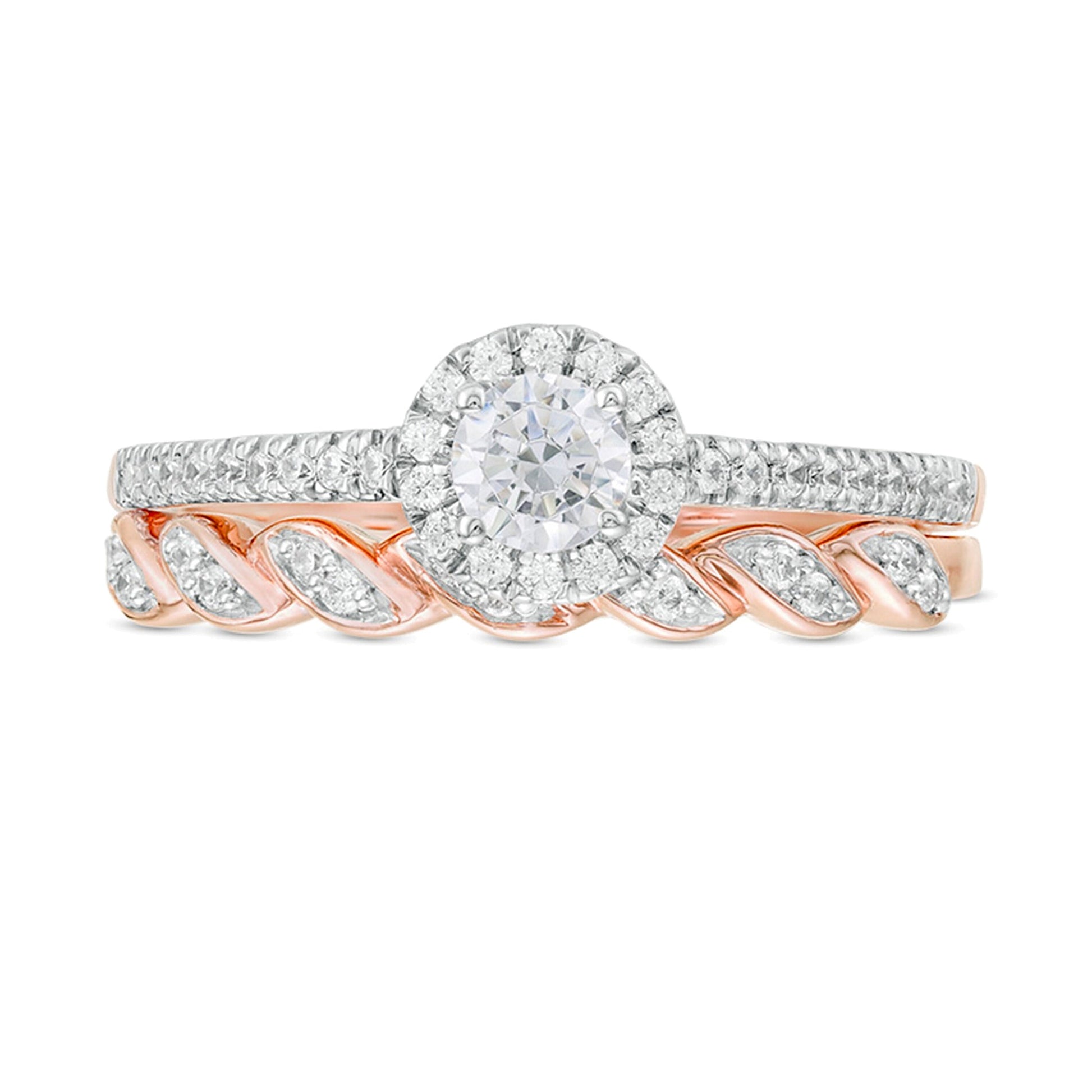 0.5 CT. TW Diamond Frame Twist Shank Bridal Set in 10K Rose Gold