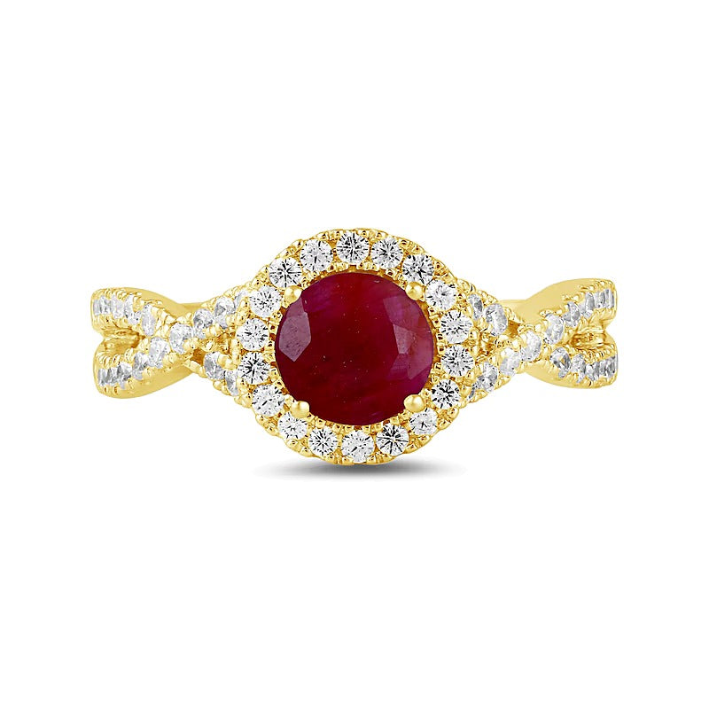 6.0mm Ruby and 0.5 CT. TW Lab-Grown Diamond Frame Crossover Shank Ring in 14K Gold