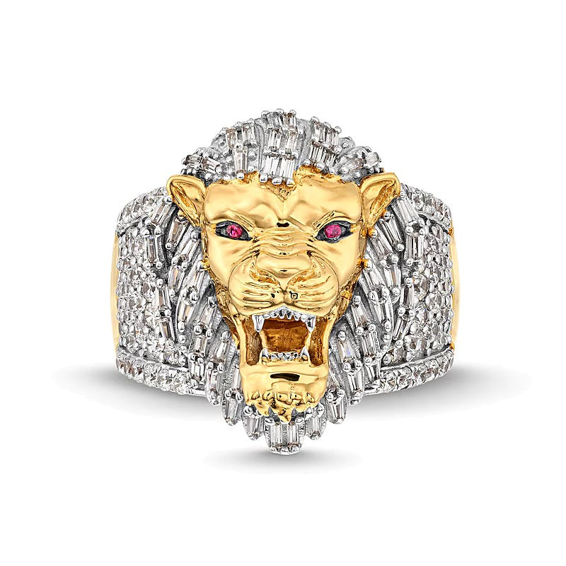 1.5 CT. TW Baguette and Round Diamond with Lab-Created Ruby Lion's Head Ring in 10K Gold