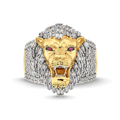 1.5 CT. TW Baguette and Round Diamond with Lab-Created Ruby Lion's Head Ring in 10K Gold
