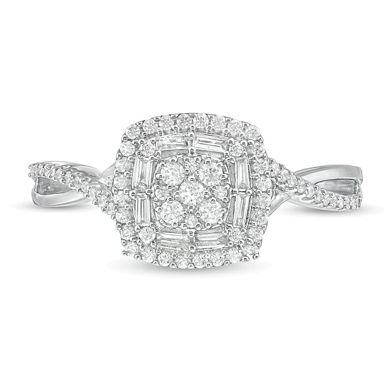 0.33 CT. TW Multi-Diamond Cushion Frame Crossover Shank Ring in 10K White Gold