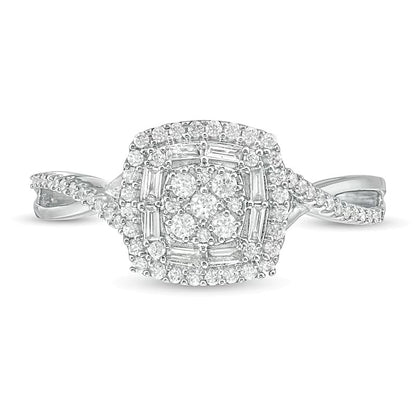 0.33 CT. TW Multi-Diamond Cushion Frame Crossover Shank Ring in 10K White Gold