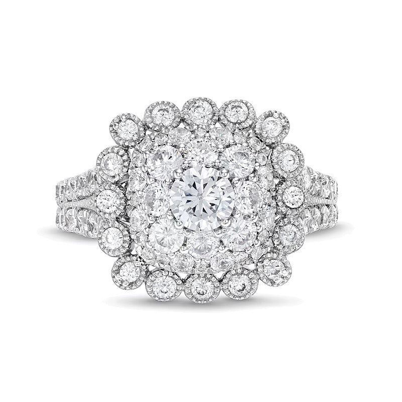 2.0 CT. TW Cushion Multi-Diamond Bubble Frame Vintage-Style Engagement Ring in 10K White Gold