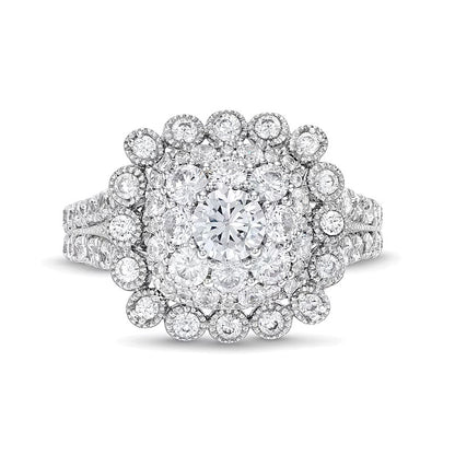 2.0 CT. TW Cushion Multi-Diamond Bubble Frame Vintage-Style Engagement Ring in 10K White Gold