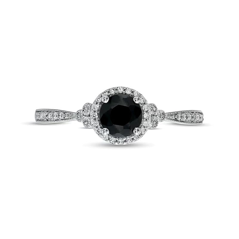 5.0mm Black Sapphire and 0.1 CT. TW Diamond Framed Tri-Sides Vintage-Style Engagement Ring in 10K White Gold