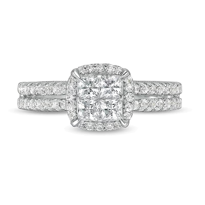 1.0 CT. TW Princess-Cut Quad Diamond Frame Vintage-Style Engagement Ring in 14K White Gold