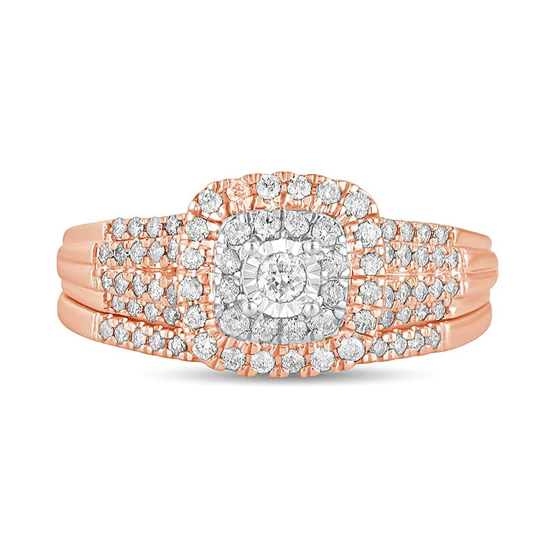 0.5 CT. TW Diamond Double Cushion-Shaped Multi-Row Bridal Set in 10K Rose Gold