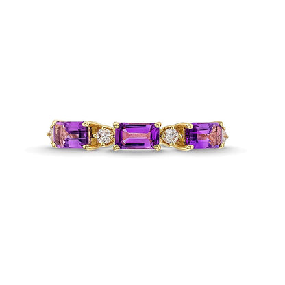 Sideways Emerald-Cut Amethyst and 0.07 CT. TW Diamond Alternating Three Stone Ring in 10K Gold