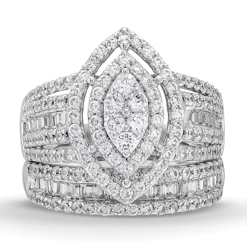 1.75 CT. TW Marquise Multi-Diamond Vintage-Style Bridal Set in 10K White Gold