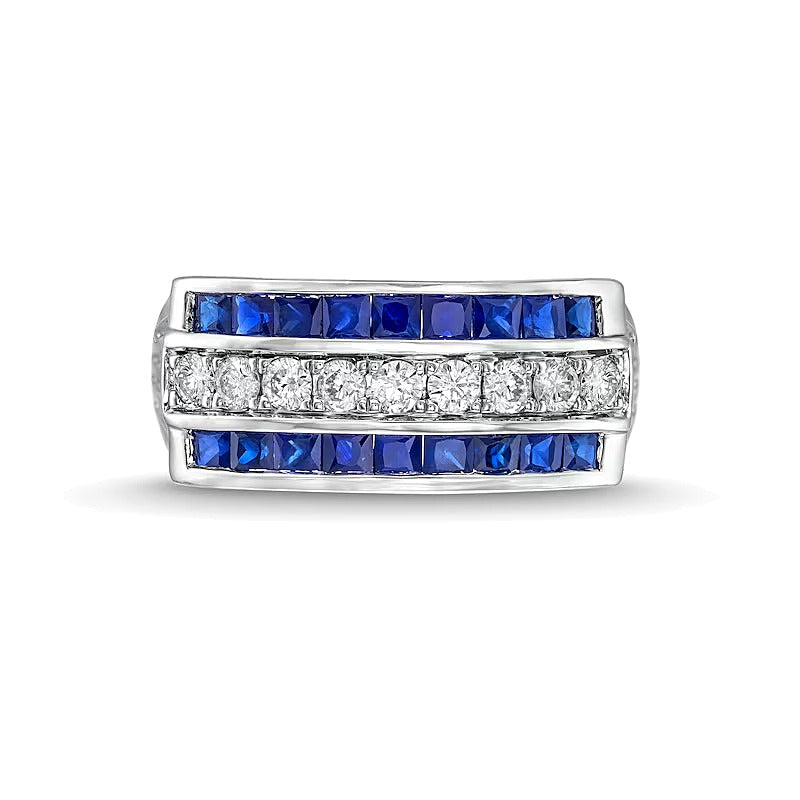 0.33 CT. TW Diamond and Princess-Cut Blue Sapphire Triple Row Ring in 14K White Gold