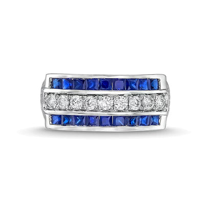 0.33 CT. TW Diamond and Princess-Cut Blue Sapphire Triple Row Ring in 14K White Gold