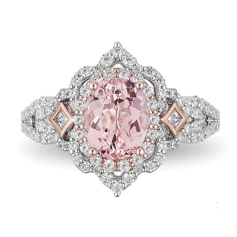 Enchanted Disney Aurora Oval Morganite and 0.75 CT. TW Diamond Scallop Frame Engagement Ring in 14K Two-Tone Gold