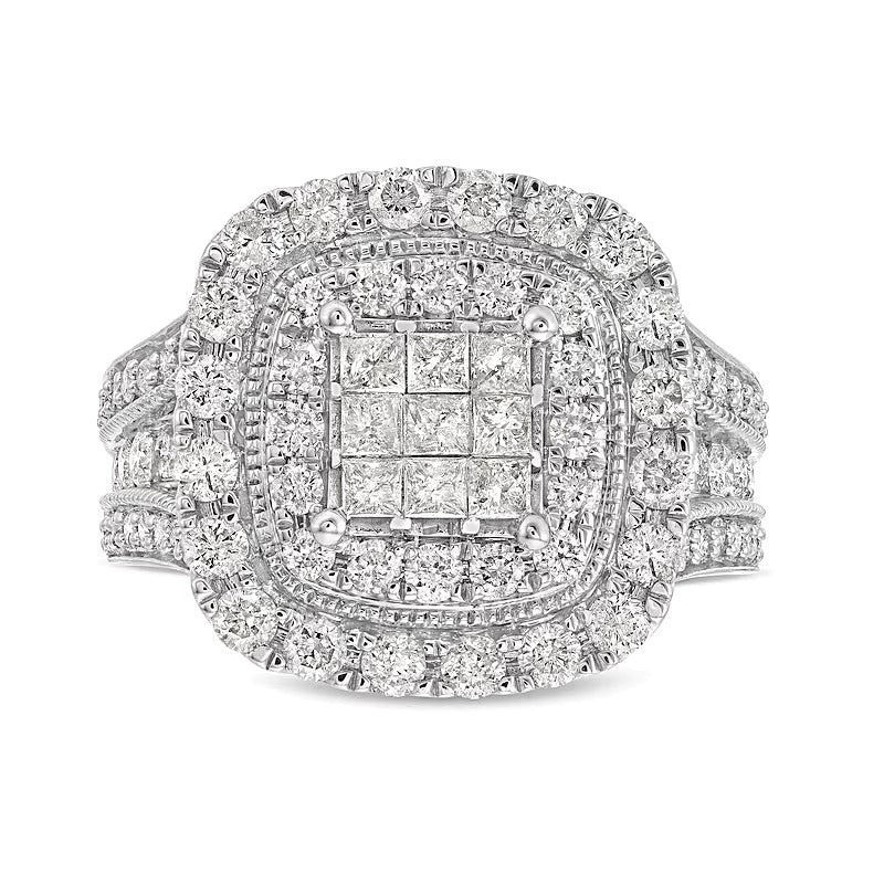 2.0 CT. TW Princess-Cut Multi-Diamond Double Cushion Frame Multi-Row Engagement Ring in 10K White Gold