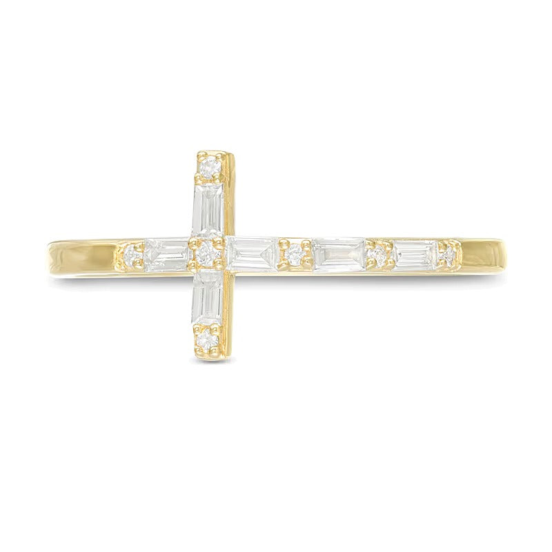 0.17 CT. TW Baguette and Round Diamond Sideways Cross Ring in 10K Gold