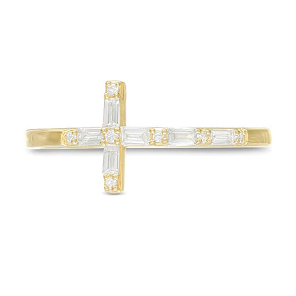 0.17 CT. TW Baguette and Round Diamond Sideways Cross Ring in 10K Gold