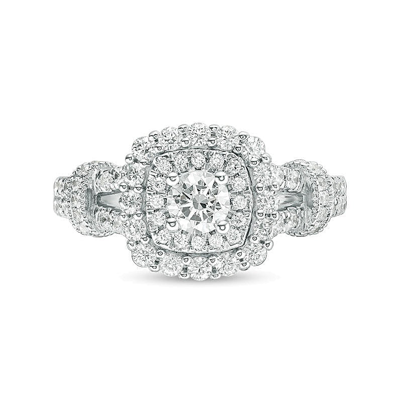 1.0 CT. TW Diamond Double Cushion Frame Collar Vintage-Style Engagement Ring in 14K White Gold