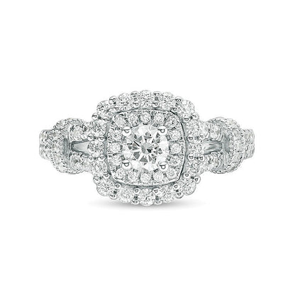 1.0 CT. TW Diamond Double Cushion Frame Collar Vintage-Style Engagement Ring in 14K White Gold
