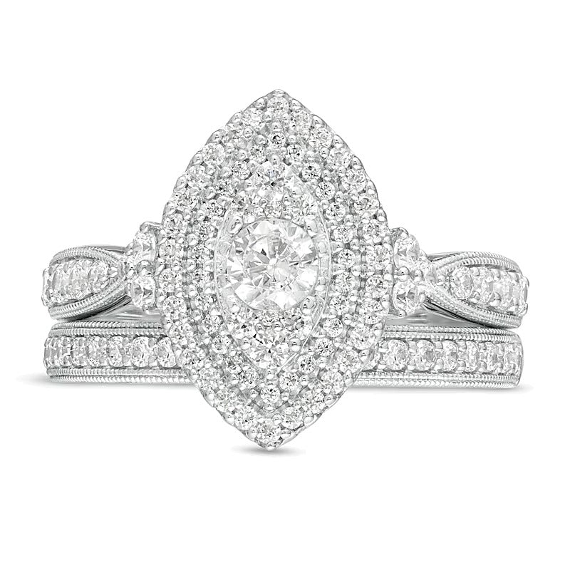 1.0 CT. TW Diamond Double Marquise Frame Tri-Sides Vintage-Style Bridal Set in 10K White Gold