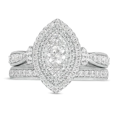 1.0 CT. TW Diamond Double Marquise Frame Tri-Sides Vintage-Style Bridal Set in 10K White Gold