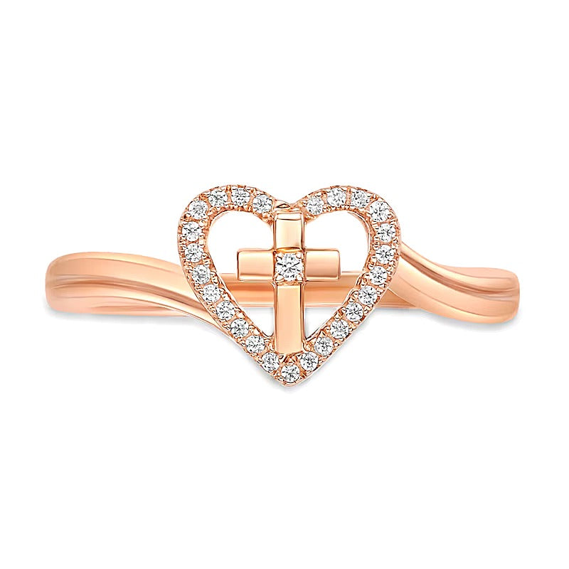 0.07 CT. TW Diamond Heart with Cross Bypass Ring in Sterling Silver with 18K Rose Gold Plate