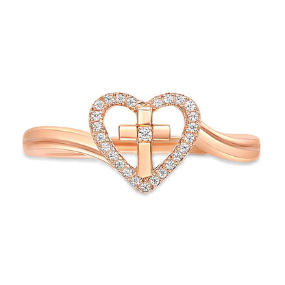 0.07 CT. TW Diamond Heart with Cross Bypass Ring in Sterling Silver with 18K Rose Gold Plate
