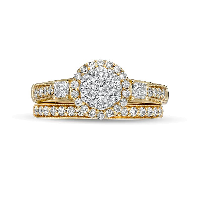 1.0 CT. TW Multi-Diamond Frame Vintage-Style Bridal Set in 10K Gold