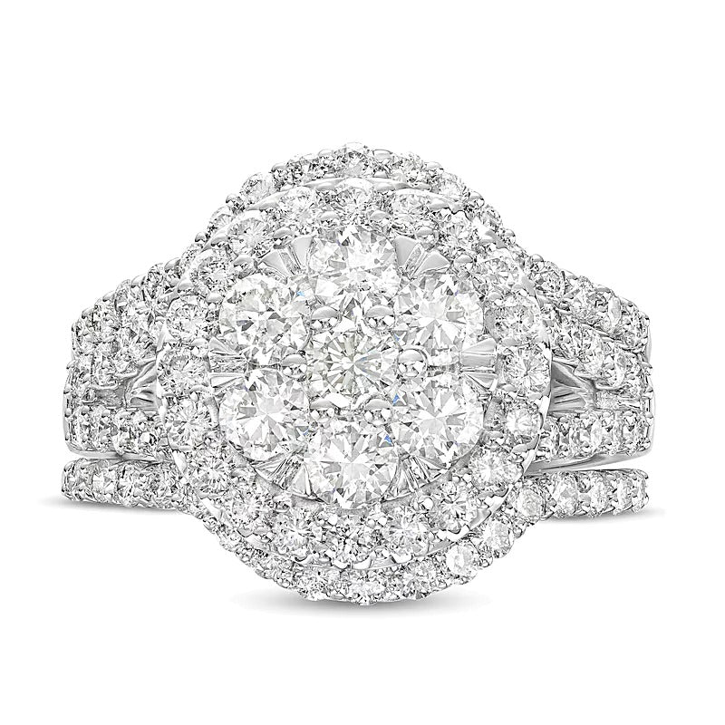 2.25 CT. TW Multi-Diamond Frame Multi-Row Split Shank Three Piece Bridal Set in 14K White Gold