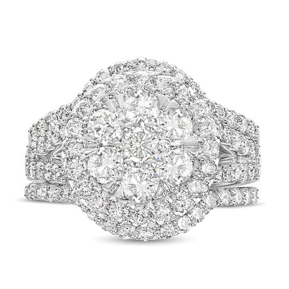 2.25 CT. TW Multi-Diamond Frame Multi-Row Split Shank Three Piece Bridal Set in 14K White Gold