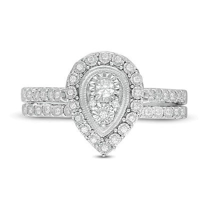 0.2 CT. TW Pear-Shaped Multi-Diamond Frame Vintage-Style Bridal Set in Sterling Silver