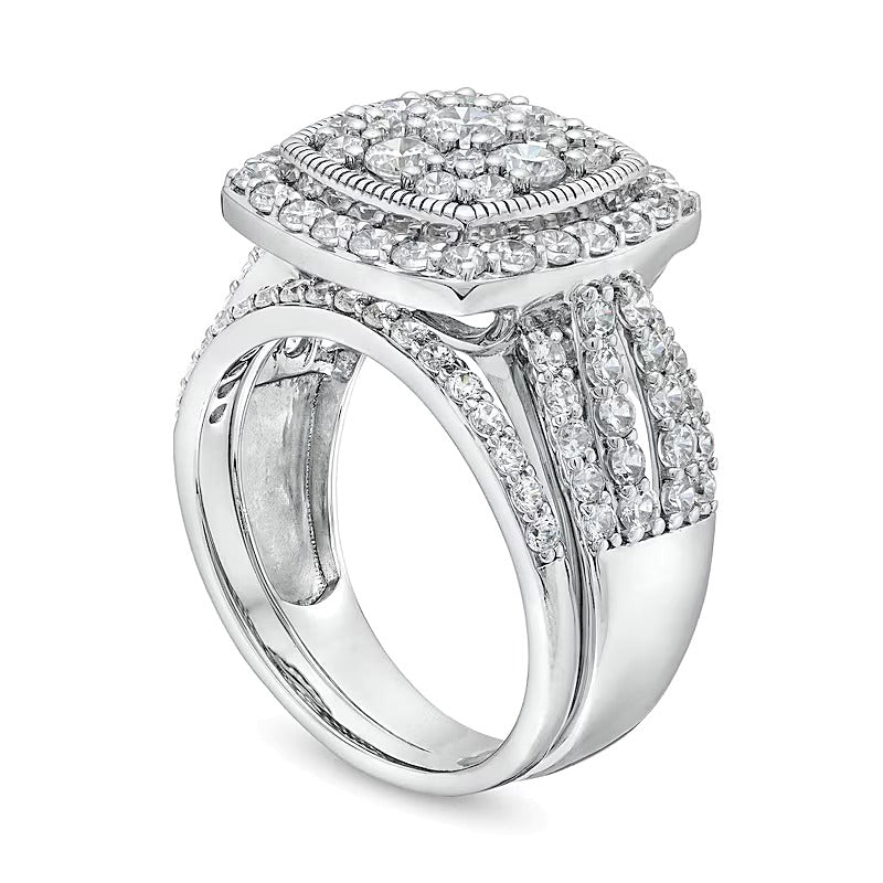 2.0 CT. TW Cushion Multi-Diamond Frame Split Shank Vintage-Style Bridal Set in 10K White Gold