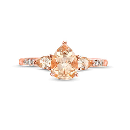 Pear-Shaped Morganite and 0.07 CT. TW Diamond Three Stone Ring in 10K Rose Gold