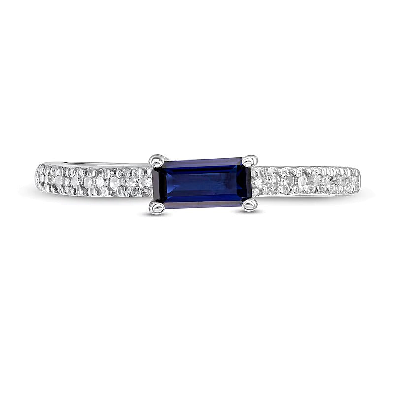 Sideways Baguette Lab-Created Blue Sapphire and 0.1 CT. TW Diamond Stackable Ring in 10K White Gold