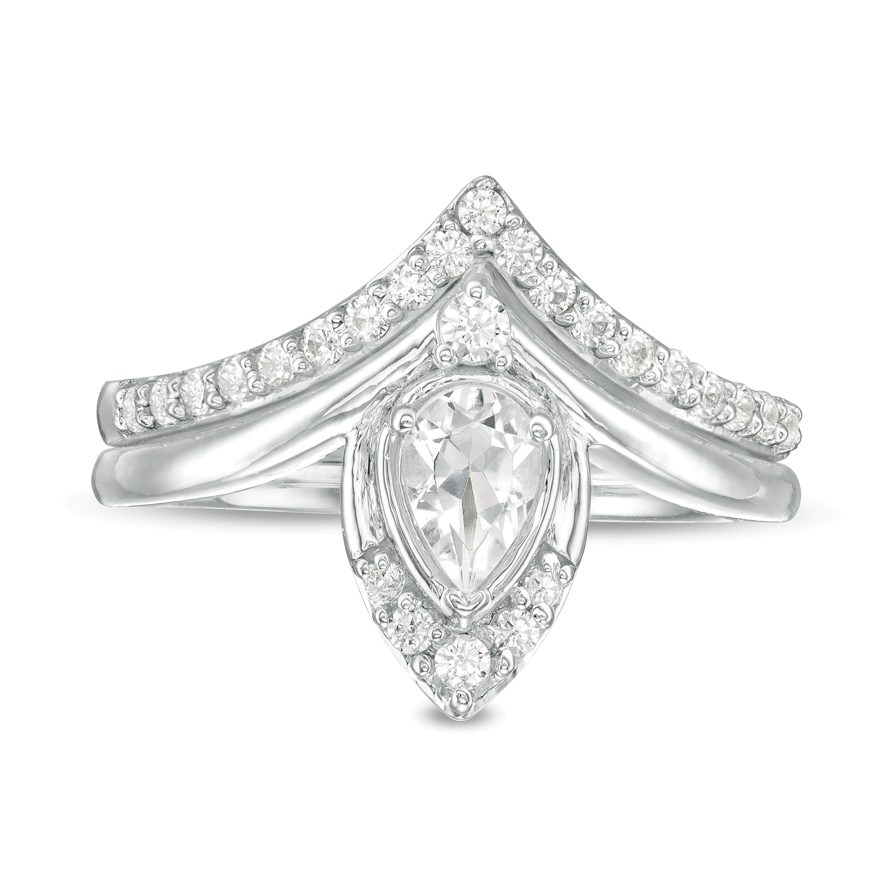 Pear-Shaped Lab-Created White Sapphire and 0.33 CT. TW Diamond Chevron Bridal Set in 10K White Gold