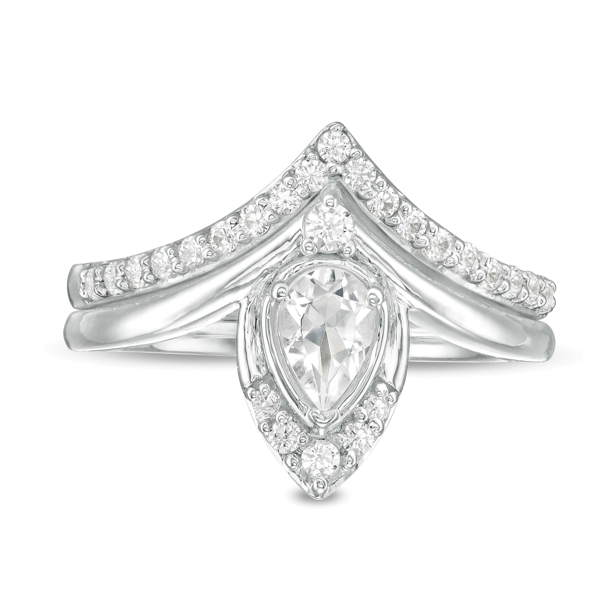 Pear-Shaped Lab-Created White Sapphire and 0.33 CT. TW Diamond Chevron Bridal Set in 10K White Gold