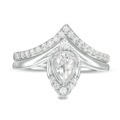 Pear-Shaped Lab-Created White Sapphire and 0.33 CT. TW Diamond Chevron Bridal Set in 10K White Gold
