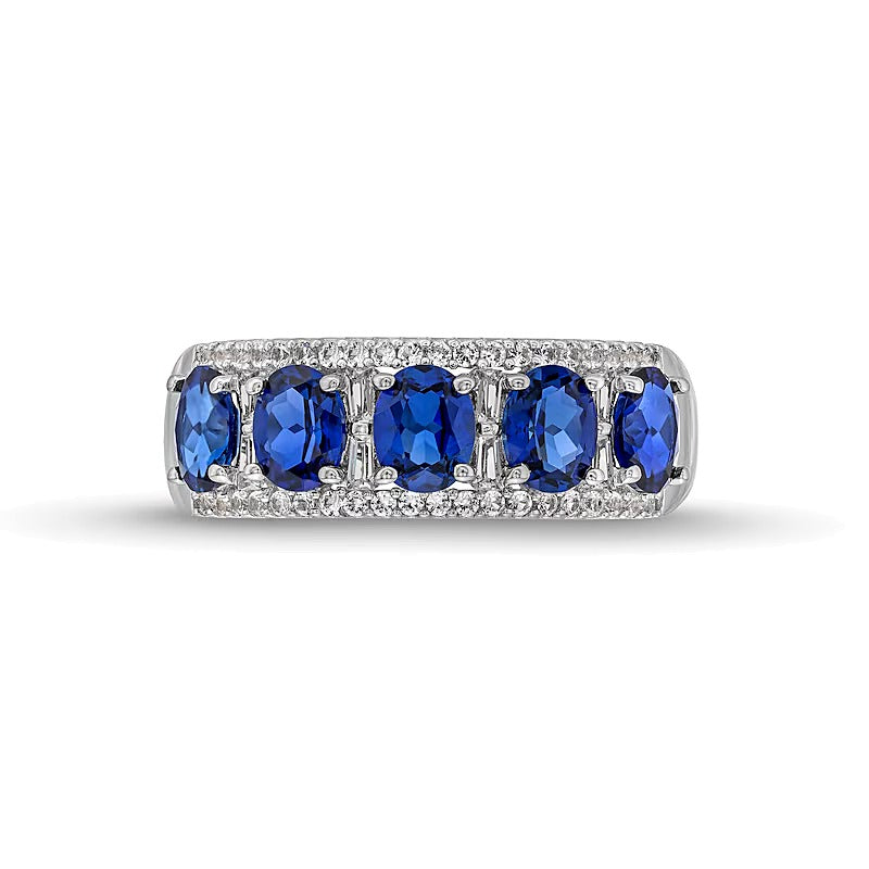 Oval Blue Lab-Created Sapphire and 0.25 CT. TW Diamond Column Five Stone Ring in 10K White Gold