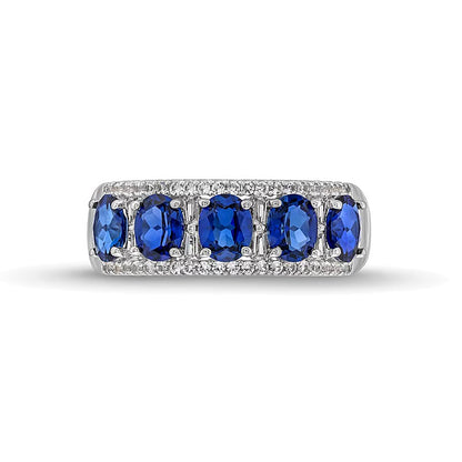 Oval Blue Lab-Created Sapphire and 0.25 CT. TW Diamond Column Five Stone Ring in 10K White Gold