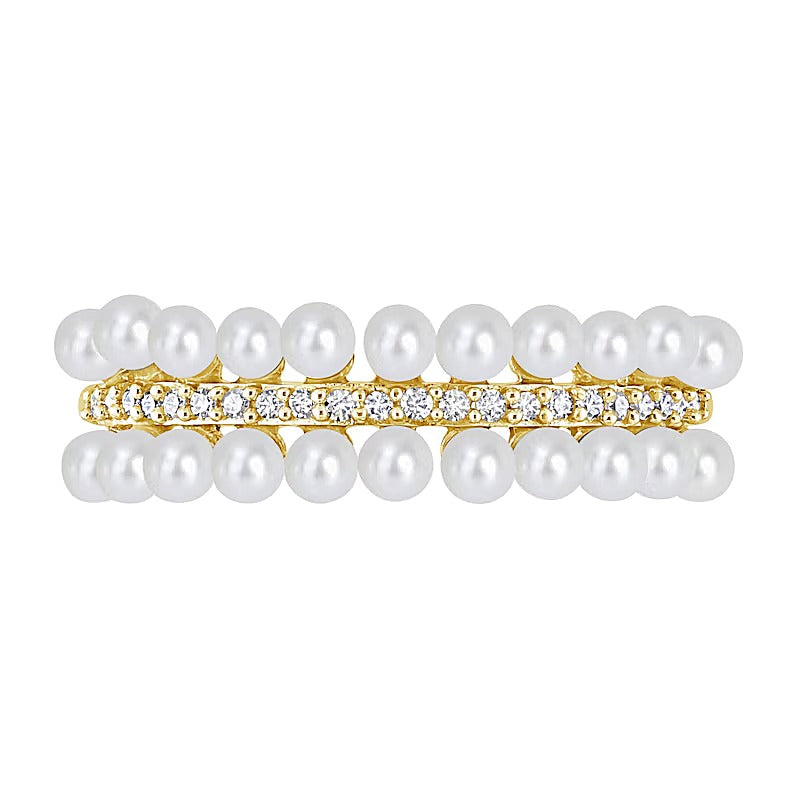Freshwater Cultured Pearl and 0.1 CT. TW Diamond Triple Row Ring in 10K Gold