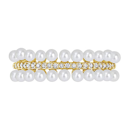 Freshwater Cultured Pearl and 0.1 CT. TW Diamond Triple Row Ring in 10K Gold