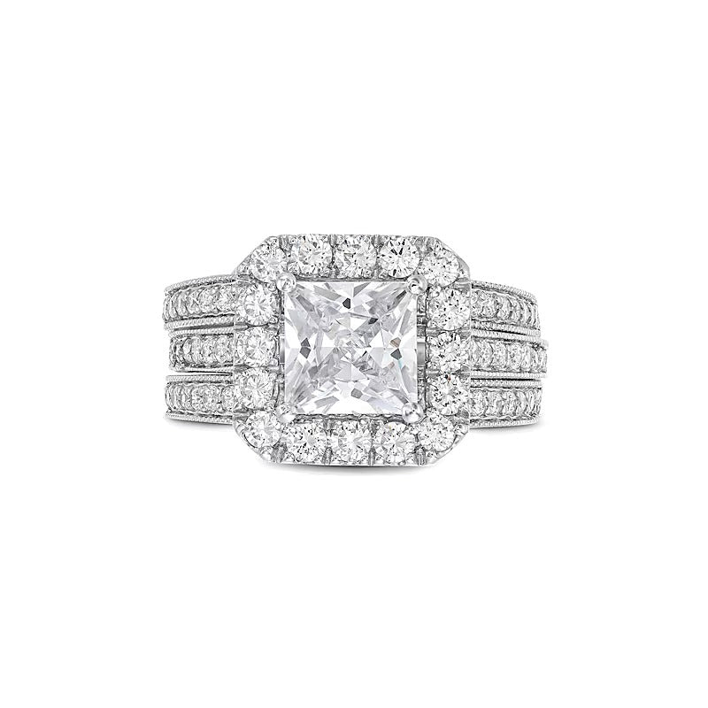 3.38 CT. TW Princess-Cut Lab-Grown Diamond Cushion-Shaped Frame Bridal Set in 14K White Gold (F/VS2)
