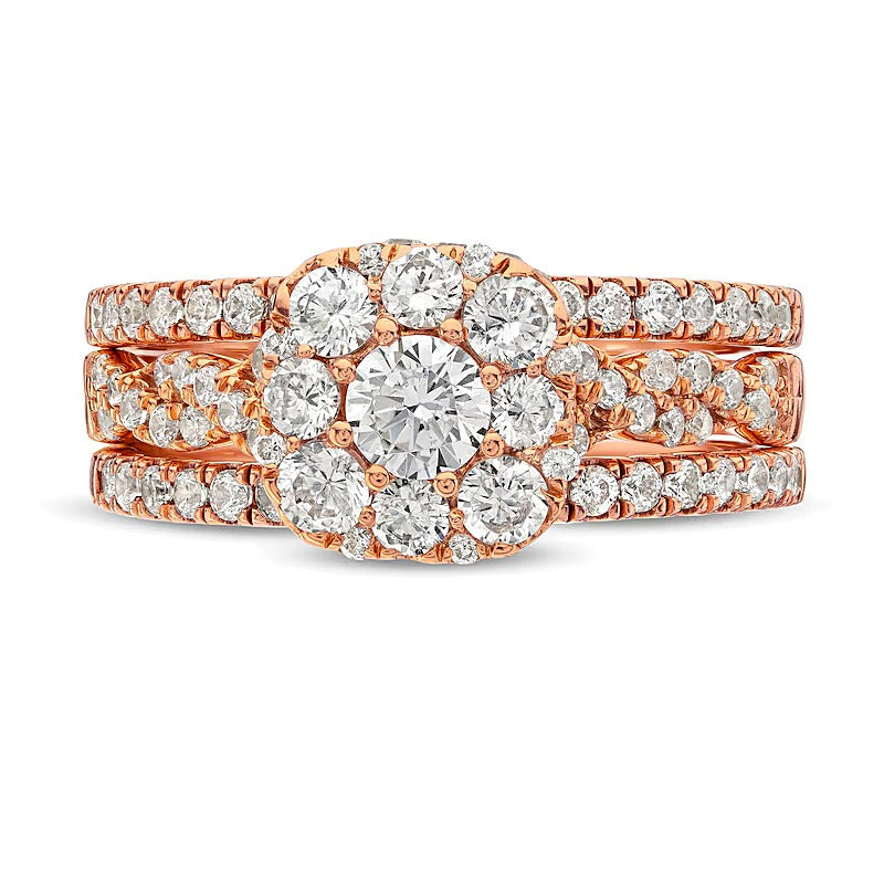 1.5 CT. TW Cushion Multi-Diamond Twist Shank Three Piece Bridal Set in 10K Rose Gold