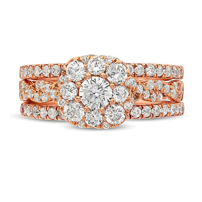 1.5 CT. TW Cushion Multi-Diamond Twist Shank Three Piece Bridal Set in 10K Rose Gold