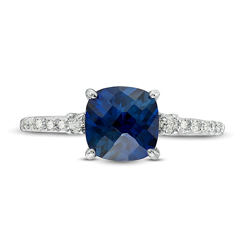 7.0mm Cushion-Shaped Lab-Created Blue Sapphire and 0.13 CT. TW Diamond Engagement Ring in 10K White Gold