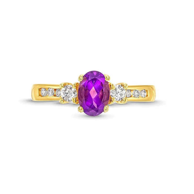 Oval Amethyst and 0.25 CT. TW Diamond Three Stone Ring in 14K Gold